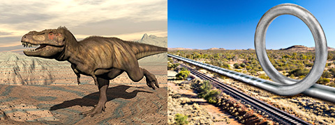 photo montage, dinosaur runs through the desert, hyper loop the loop steel tube with a loop for very rapid trains